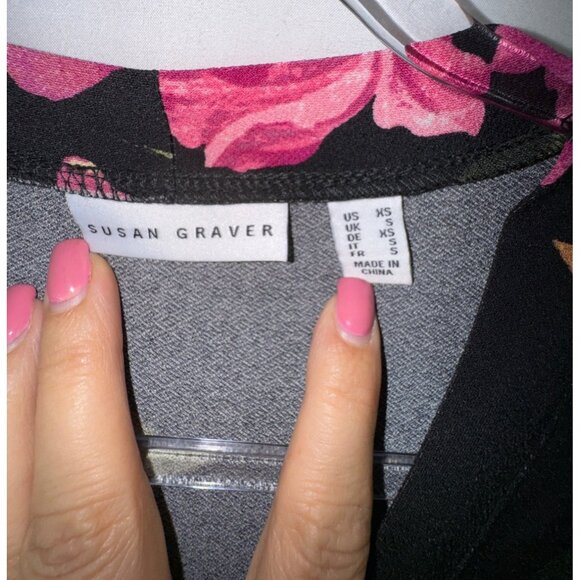 Susan Graver Floral Print Button Front Dress‎ Jacket Cardigan Black Stretch XS - Picture 3 of 7